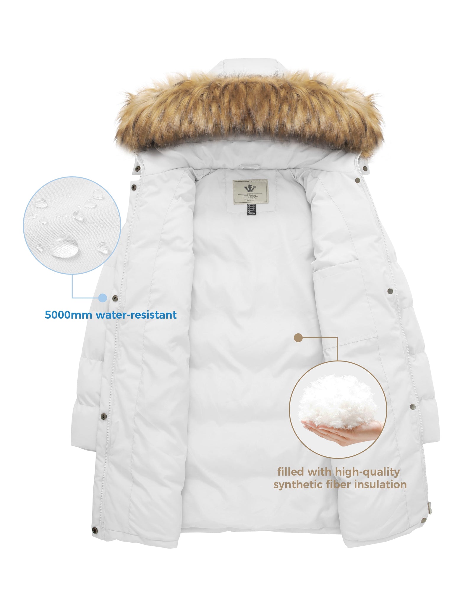 Women'S Winter Coat Hooded Puffer Jacket Warm Waterproof Puffer Coat White L