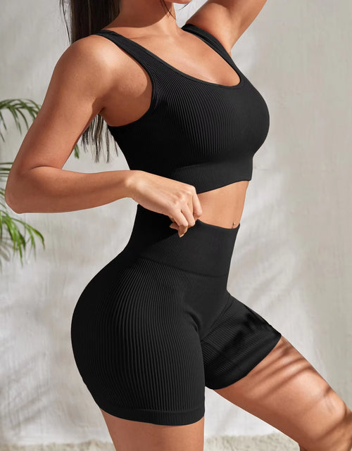 Load image into Gallery viewer, Seamless Ribbed Yoga Sets Workout Sets for Women 2 Pieces Gym Suits Ribbed Crop Tank High Waist Shorts Outfits Fitness Running
