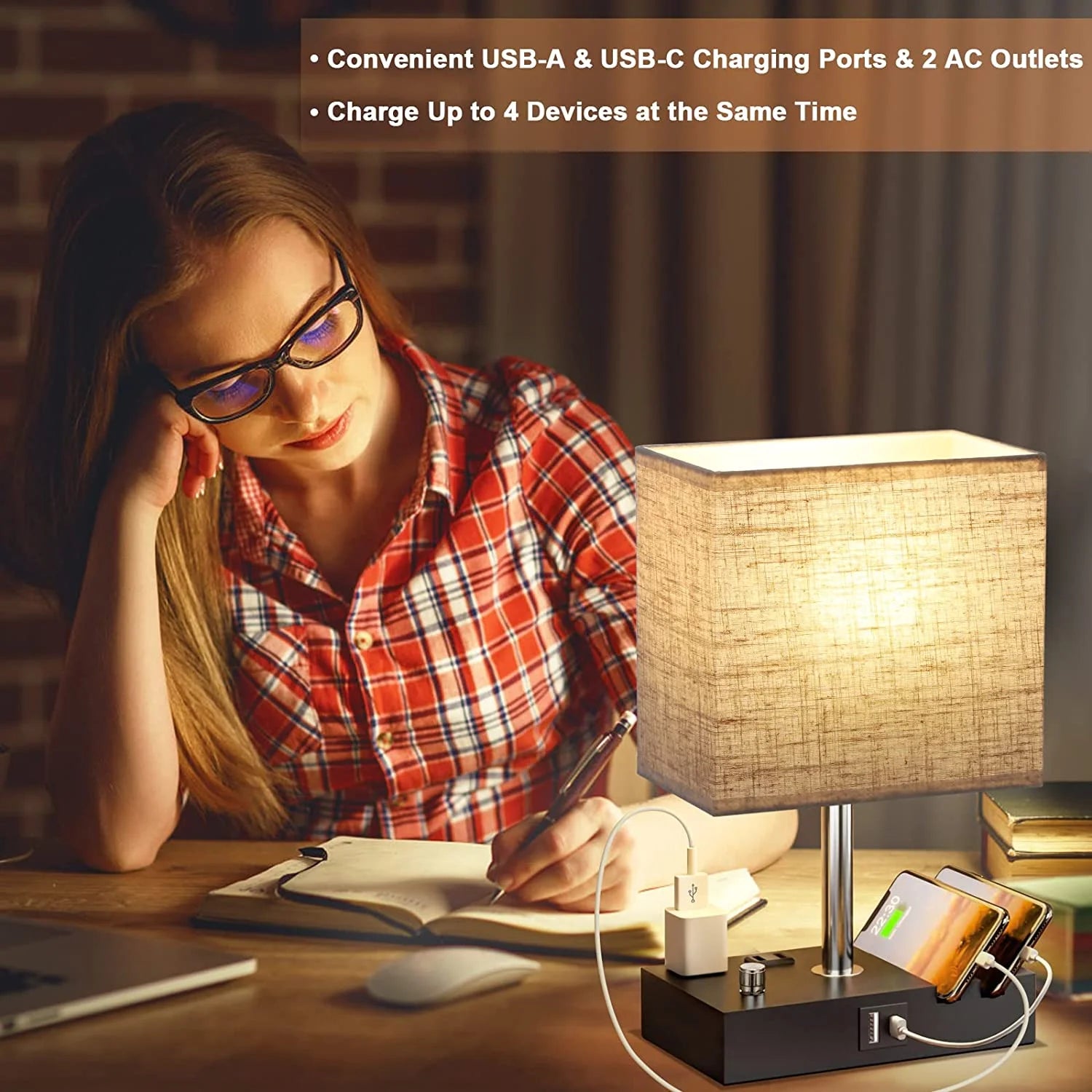 (4 Pack) Bedside Table Lamp for Bedroom with Dual Fast USB Charging Ports, Fully Dimmable Nightstand Lamps with 2 Phone Stands and 2 Charging Outlets, Desk Lamp with Fabric Shade for Living Room