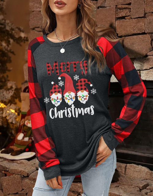 Load image into Gallery viewer, Christmas Shirt Women Gnomes T-Shirt Plaid Splicing Raglan Long Sleeve Tee Christmas Holiday Tops
