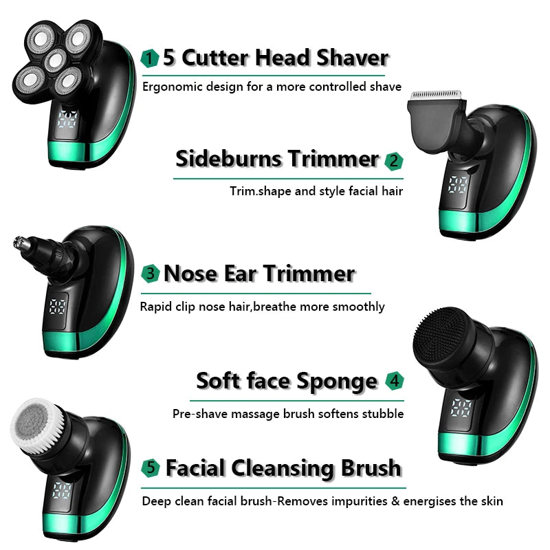 5 in 1 4D Men'S Rechargeable Bald Head Electric Shaver 5 Floating Heads Beard Nose Ear Hair Trimmer Razor Clipper Facial Brush