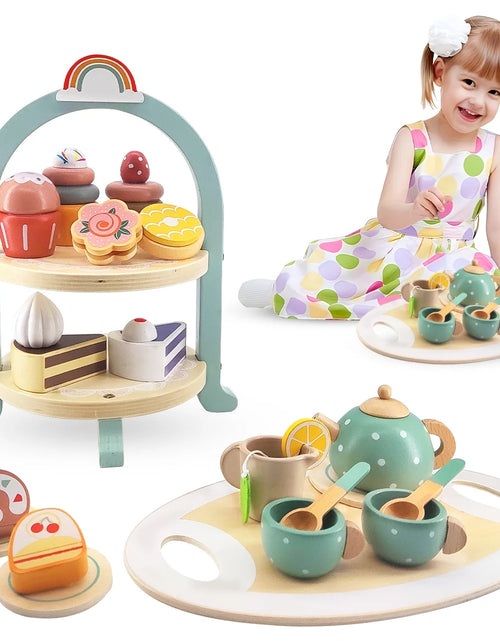 Load image into Gallery viewer, Tea Party Set for Little Girls, Wooden Tea Set with Cake Stand, Food Pretend Play Accessories Kids Kitchen Playset Wooden Toys for 2 3 4 5 6 Year Old Girl Birthday Gift
