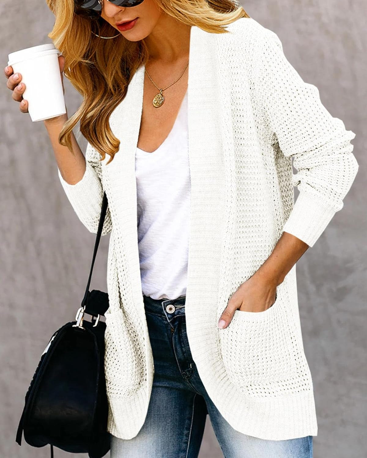 Womens Loose Open Front Cardigan Long Sleeve Casual Lightweight Soft Knit Sweaters Coat with Pockets