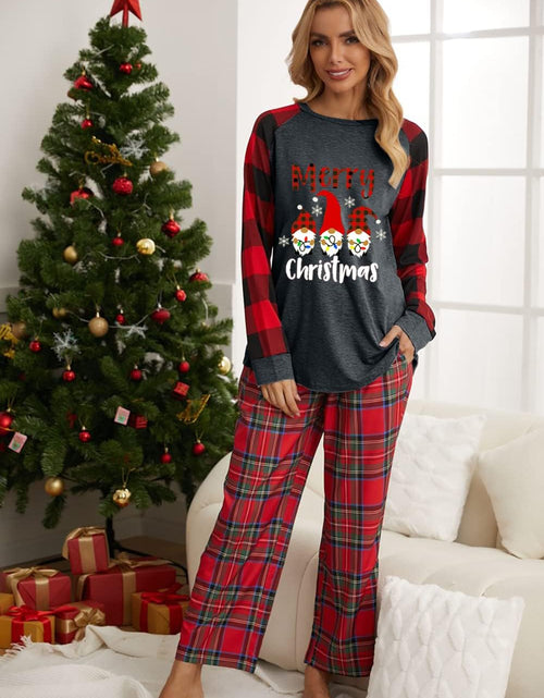 Load image into Gallery viewer, Christmas Shirt Women Gnomes T-Shirt Plaid Splicing Raglan Long Sleeve Tee Christmas Holiday Tops
