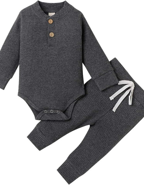 Load image into Gallery viewer, Winter Newborn Baby Boy Girl Clothes Set Ribbed Outfits Unisex Infant Solid Cotton Button Long Sleeve Tops Pants 2PCS
