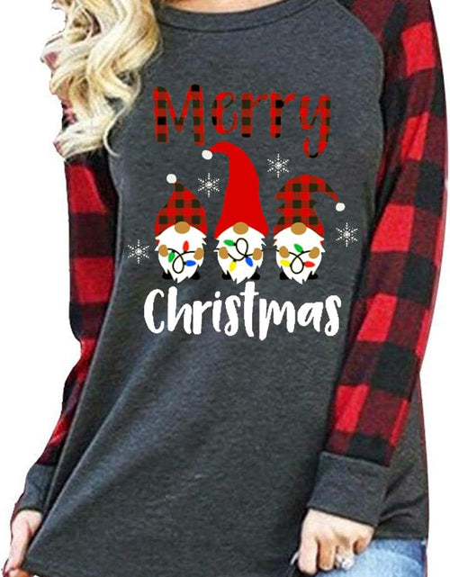 Load image into Gallery viewer, Christmas Shirt Women Gnomes T-Shirt Plaid Splicing Raglan Long Sleeve Tee Christmas Holiday Tops
