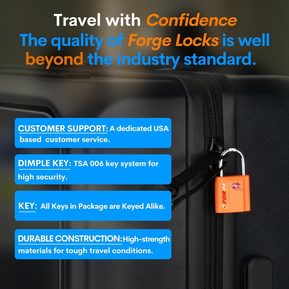 Orange 4 Pack TSA Approved Luggage Locks Ultra-Secure Dimple Key Travel Locks with Zinc Alloy Body