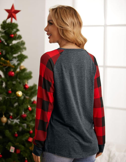 Load image into Gallery viewer, Christmas Shirt Women Gnomes T-Shirt Plaid Splicing Raglan Long Sleeve Tee Christmas Holiday Tops
