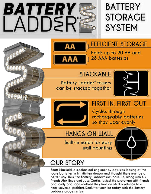 Load image into Gallery viewer, Battery Ladder (TM) Clear AA &amp; AAA Combo Battery Holder/Storage - Vertical Organizer Case That Holds 28 AAA &amp; 20 AA Batteries - Stackable, Expandable and Wall Mountable - Combo Pack
