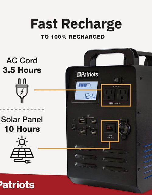 Load image into Gallery viewer, Patriot Power Generator - Fume-Free, Silent &amp; Safe Lithium-Iron-Phosphate Battery - 100-Watt Solar Panel Included- Reliable Power Source during an Outage - Quiet and Portable - 2,500 + Lifecycles
