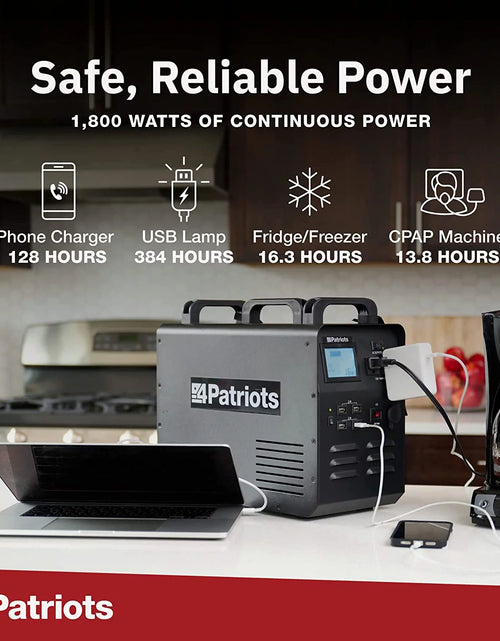 Load image into Gallery viewer, Patriot Power Generator - Fume-Free, Silent &amp; Safe Lithium-Iron-Phosphate Battery - 100-Watt Solar Panel Included- Reliable Power Source during an Outage - Quiet and Portable - 2,500 + Lifecycles
