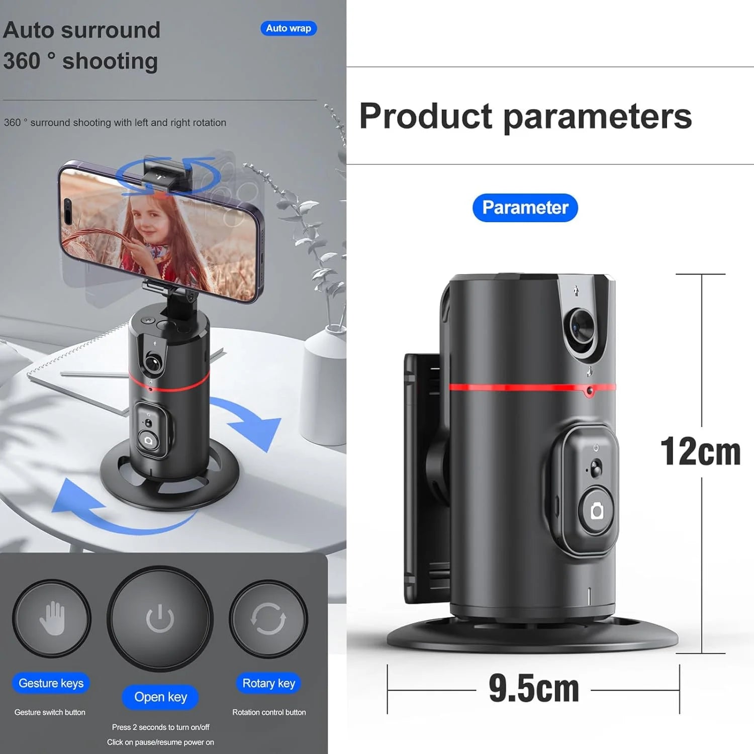 Auto Face Tracking Phone Holder Tripod, No App Required, 360° Rotation Smart Face Body Tracking Tripod Selfie Phone Camera Mount Cell Phone Stand for TIK Tok, Vlog, Live Streaming, Youtube Video