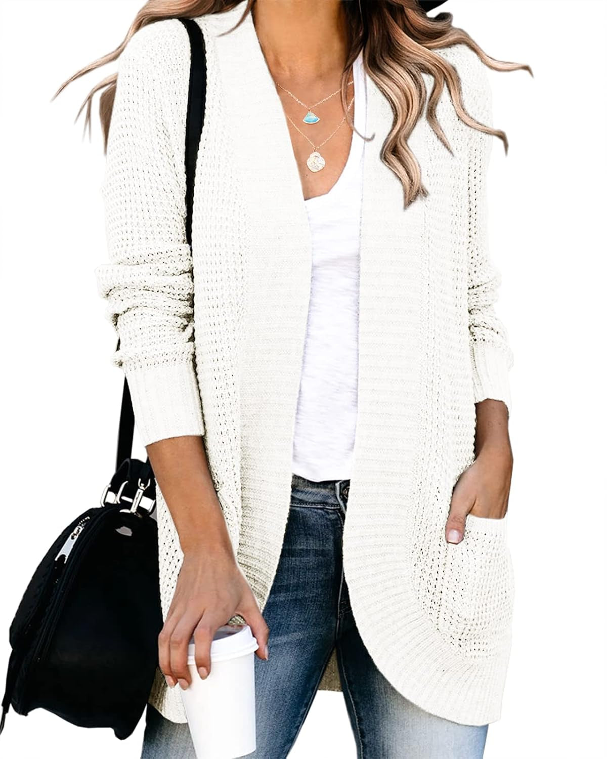 Womens Loose Open Front Cardigan Long Sleeve Casual Lightweight Soft Knit Sweaters Coat with Pockets