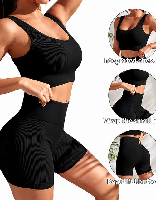 Load image into Gallery viewer, Seamless Ribbed Yoga Sets Workout Sets for Women 2 Pieces Gym Suits Ribbed Crop Tank High Waist Shorts Outfits Fitness Running
