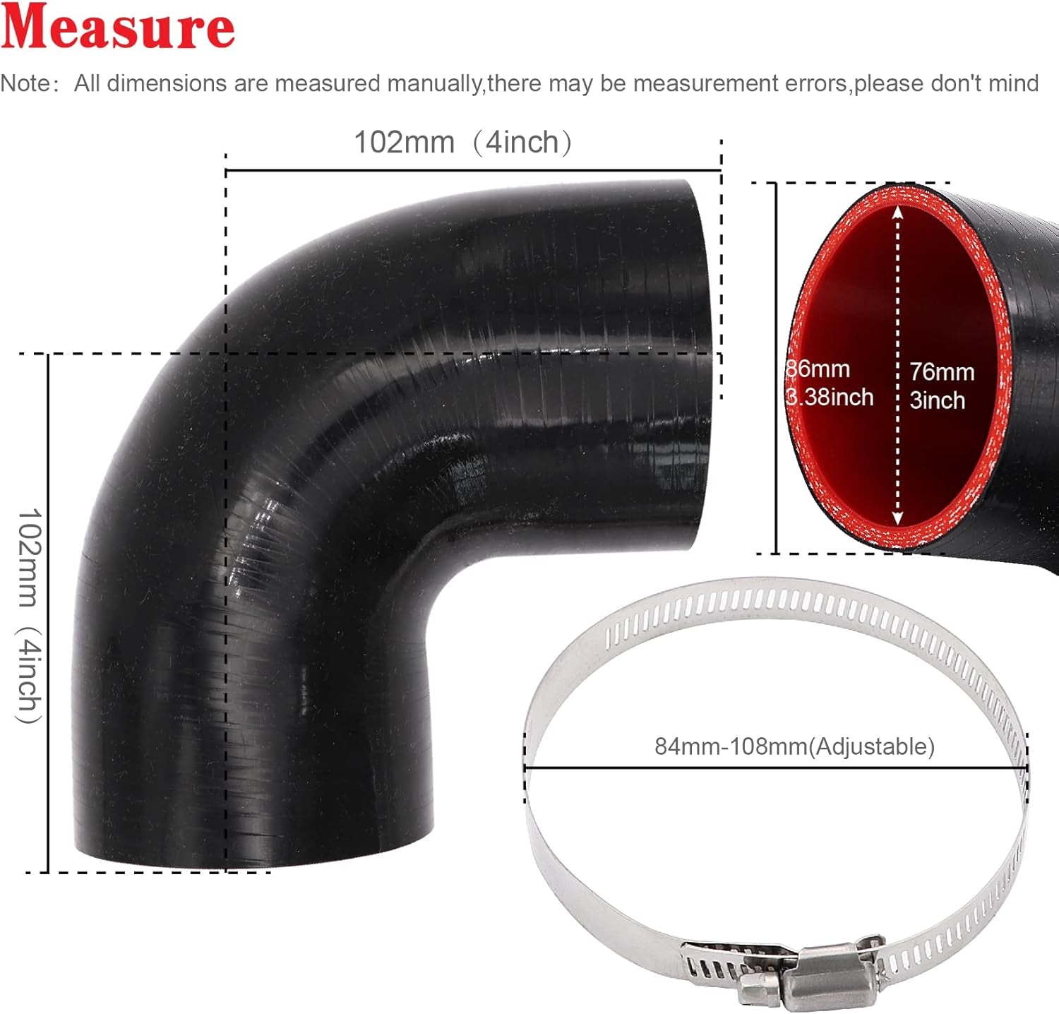 90 Degree 3 Inch(76Mm) Elbow Coupler Hose,Length 4-In(102Mm),4-Ply Reinforced with 2Pcs Clamps for Turbo/Intercooler/Intake Piping Coupler