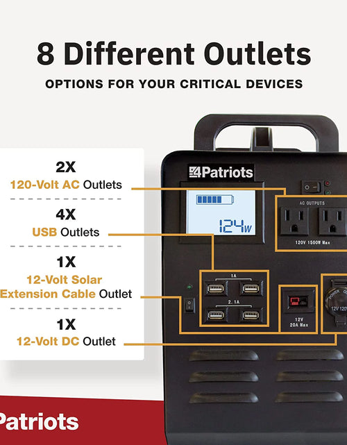 Load image into Gallery viewer, Patriot Power Generator - Fume-Free, Silent &amp; Safe Lithium-Iron-Phosphate Battery - 100-Watt Solar Panel Included- Reliable Power Source during an Outage - Quiet and Portable - 2,500 + Lifecycles
